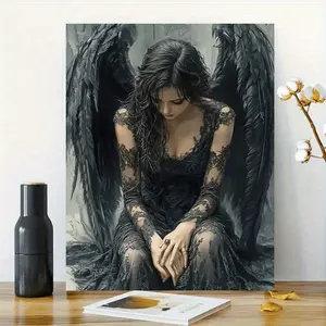 2D Flat [Hanging Art]1pc Wooden Framed Canvas Artwork - Dark-Haired Angel in Black Lace with Large Wings, Gothic Wall Decor, Wrap-Around Canvas Frame for Home & Office, Angel Decor, Office Artwork, Mysterious Decor, Detailed Lace Design