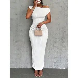 Elegant off shoulder pleated slim fit dress, white - summer polyester and spandex knit, medium elasticity, smooth surface, formal black comfortable