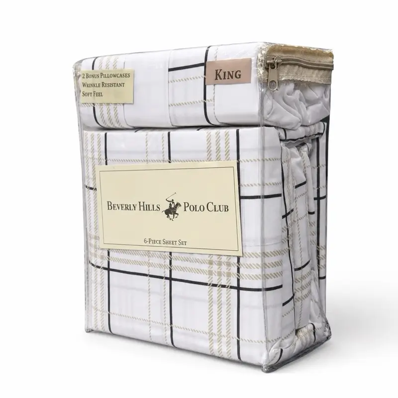 Beverly Hills Polo Club King 6-Piece Sheet Set, Plaid White Beige, 4 Pillowcases, Wrinkle Resistant, Fits Mattresses up to 14 Inches
