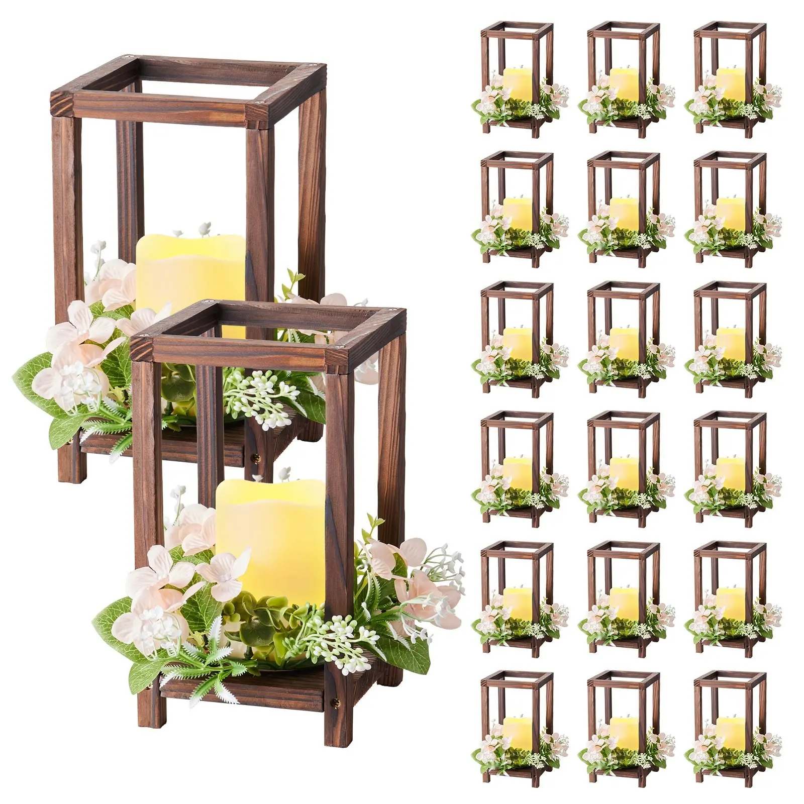 Wooden Wedding Lantern Centerpiece Set With 60 Pieces: Includes 20 Wooden Lantern Candle Holders, 20 Flameless LED Candles, And 20 Champagne Flower Wreaths For Wedding Tables, Party Decor, Farmhouse Style, Brown