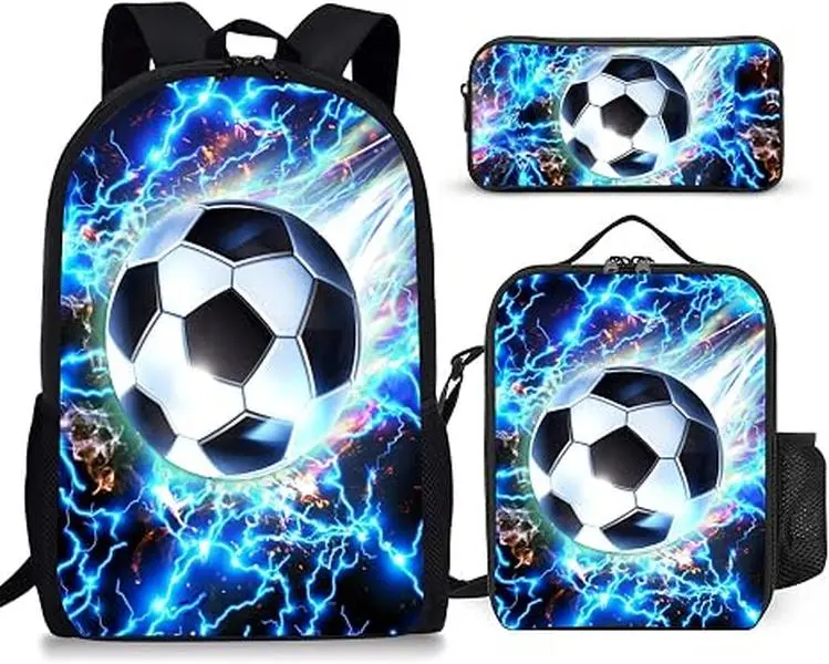 Soccer Graphic Boys Teen Backpack Set, Skin-Friendly Waterproof Polyester Football Sport Full Print 3 Piece Matching Bag Pack, Ergonomic Cushioned Comfort Wear, Sports Practice Road Trip Casual Boys Student School Bookbag