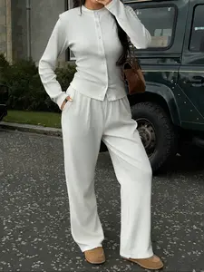Women Ribbed Knit Two Piece Set Long Sleeve Button Front Top and High Waist Straight Leg Pants Minimalist Lounge Outfit Soft Stretchy Knitwear Matching Set Elegant Casual Daily Wear Chic Korean Style Relaxed Fit Comfy Streetwear Fashion Set