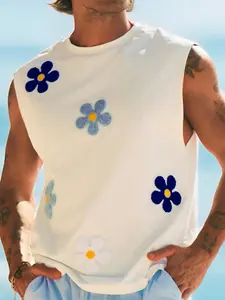 Unisex Menswear Y2K style Chenille Floral Patch Sleeveless Round Neck Crewneck Vest, Loose Fit Printed Cut off T-Shirt, Summer Casual Wear, Streetwear, Beach Vacation, Skateboard, Music Festival, Street Style