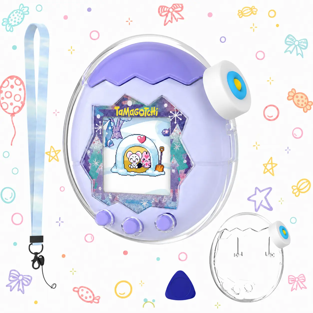 Flip-Top Clear Case for Tamagotchi Paradise, Hard PC Protective Shell with Easy-Open Top, Zoom Dial Cap, Long Lanyard & Opening Pick, Cute Virtual Pet Accessories for Women and Collectors