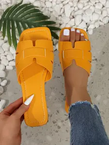 Spring Summer Fall Women's Shoes, New Arrival Flat Sandals, Pu Leather Slides, Square Toe PU Leather, Casual Style, Less Than Ankle Height, All Seasons