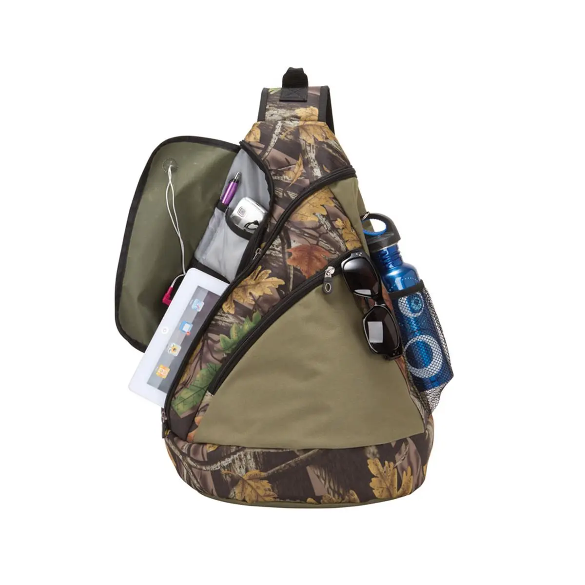 212 MAIN Camo Print Sling Tablet Backpack - Car Interior Accessory Decoration, Unisex Streamlined Carry On Multifunction Backpack for Adults with 90g Non-Woven Material, 1 lbs Weight, Padded Back, Padded Sleeve, Side Zip, Built-In Organizer