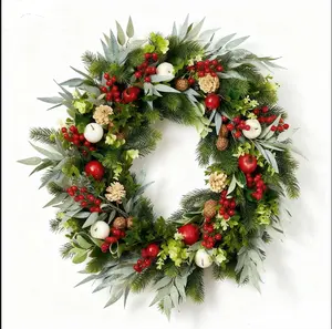 24 inch large artificial wreath with pomegranates, white apples, red berries, golden pine coneseucalyptus leaves, UV resistant, suitable for year-round indoor/ door or tabletop decoration,suitable for front door, Christmas, Christmas wreath