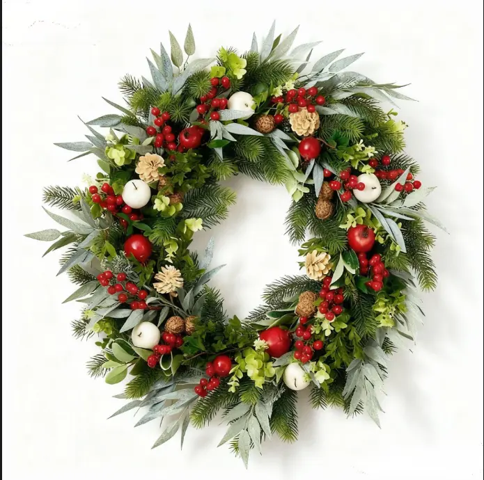 24 inch large artificial wreath with pomegranates, white apples, red berries, golden pine coneseucalyptus leaves, UV resistant, suitable for year-round indoor/ door or tabletop decoration,suitable for front door, Christmas, Christmas wreath