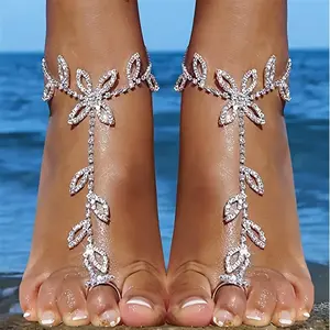 1Pair Summer Beach Rhinestone Leaf Barefoot Sandals Foot Chain with Toe Ring Boho Crystal Anklets Bracelet Wedding Bridal Rhinestone Leaf Foot Chain Jewelry for Women