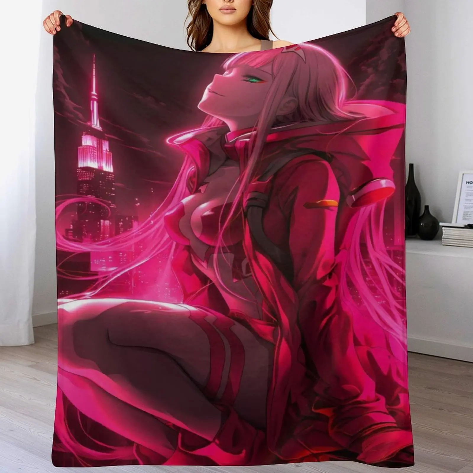 Darling in the FranXX 02 Inspired Flannel Graphic Throw Blanket - Pink Hair Anime Cozy Cartoon Piece, Soft Warm Blankets and Throws, Home Decor Wall Tapestry, Manga Fan Gift