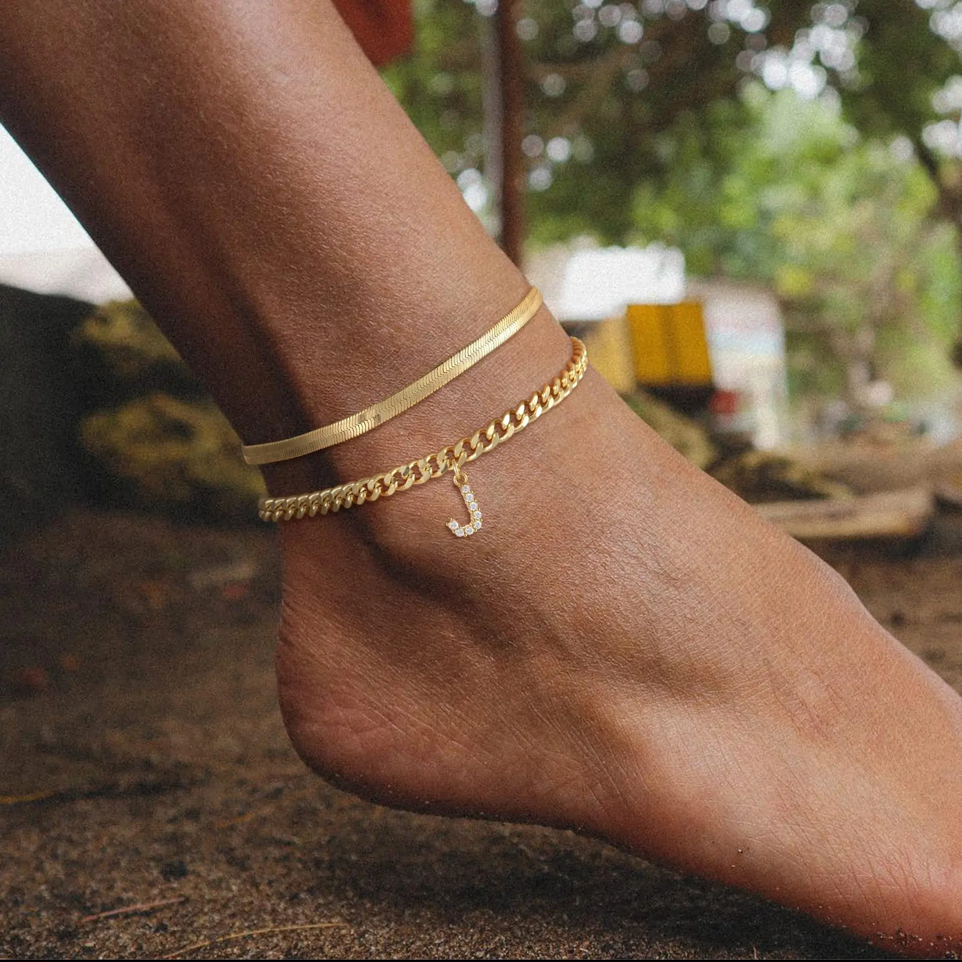 Gold Double Layer Anklet for Women, Initial Letter Cuban Link Anklet with Snake Chain, Alphabet Charms Available, Personalized Anklet Jewelry, Layered Chain Foot Bracelet, Trendy Summer Beach Fashion Gift