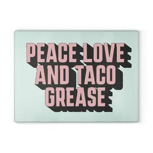 8x11 in Rectangle Scratch-Free Glass Chopping Board, Kitchen Printed Cutting Board with Retro 3D Pink Typography - Peace Love and Taco Grease Design, 8\ X 11\, Rectangle Chopping Boards