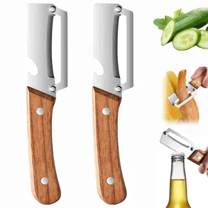 2PCS 2-in-1 Multi Functional Premium Vegetable Peeler with Wooden Handle and Bottle Opener Stainless Steel Blade Kitchen Tool for Fruit Potato Pumpkin Papaya