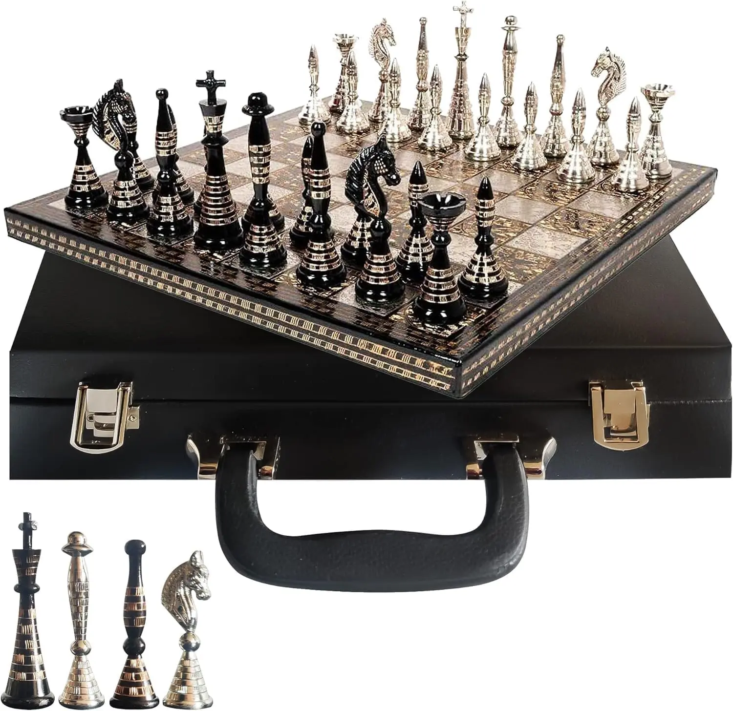 Luxury Handcrafted Brass Chess Set Black and Silver Metal Pieces with Premium Folding Board and Storage Box | Antique Finish Royal Gift and Decorative Board Game for Home Office Collectors