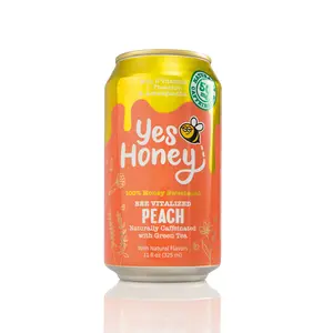 Yes Honey Bee Vitalized Peach Soda 11oz 12 Cans 100% Honey Sweetened Healthy Gluten Free Green Tea Caffeinated No Added Sugar US Beverage Natural