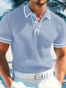 Men's Striped Contrast Collar Knit Polo Golf Shirt, Breathable Skin-Friendly Business Casual Style, Commuter Daily Leisure Wear Top