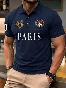 France Football Style Men's Polo Shirt Navy Blue Paris Victory Gold Rooster Graphic Tee Short Sleeve Casual Sportswear No 10 French Fan Apparel Breathable Pique Top Retro Blokecore Streetwear Athletic Fit Trendy Premium Gift for Men 2026