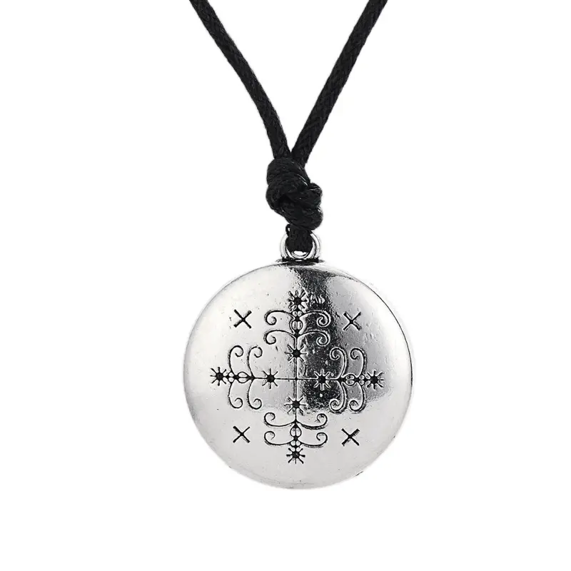 Cooltime Vodou Loa Papa Legba Veves Pendant Ancient Necklace Haiti Voodoo Symbols Jewelry Adjustable Black Braided Cord Religious Symbol