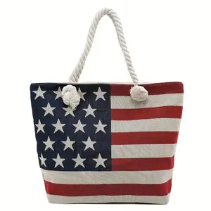 American Flag Canvas Tote Bag with Rope Handles, 4th of July Independence Day Beach Purse