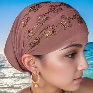 Elegant Women'S Sparkling Rhinesne Plum Blossom Turban - Comfort Fit, Elastic Linen Headwear for Ramadan & Eid Celebrations, Ramadan Headwear |   Elegant Headwear |   Comfortable Fit-ERH55