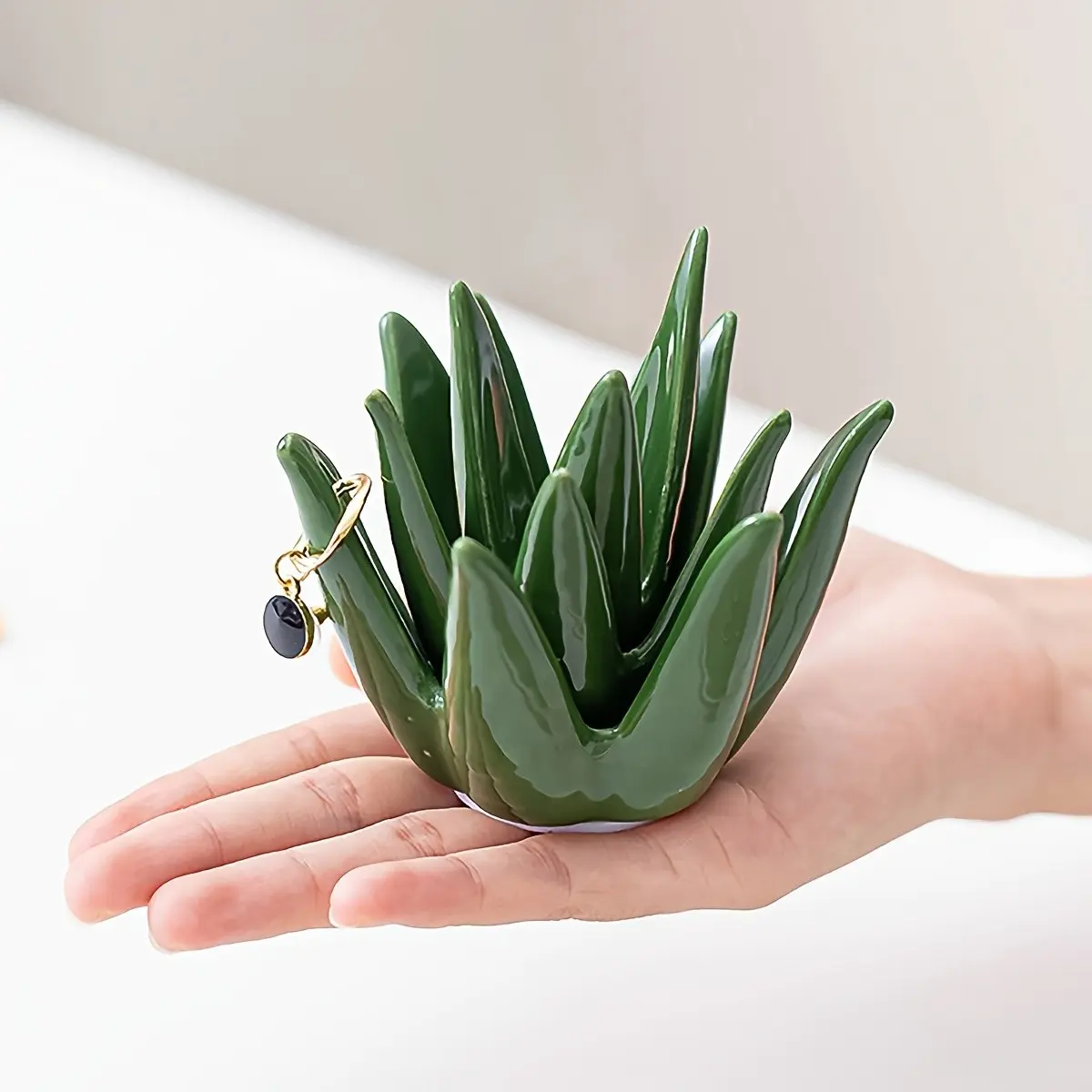 Ring Holder Cactus Aloe Ceramic Trinket Tray, Home Office Desk Decor, Creative Makeup Table Plate, Mother's Day Easter Gift, Jewelry Box