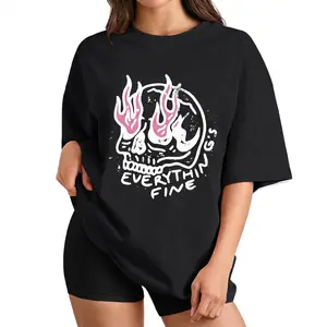 Funny Graphic Tee Women Oversized Everything Fine Skull Shirt Grunge Pink Flame Print Top Gift plusized S-6XL_KT0296