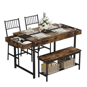 Space-Saving Dining Table Set for 4 - Farmhouse Rectangular Kitchen Furniture with Storage Drawers & Rack - Includes 2 Chairs and Bench - Ideal for Apartment or Breakfast Nook