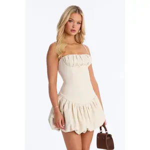 Linen Bloom Bubble Mini Dress - Natural