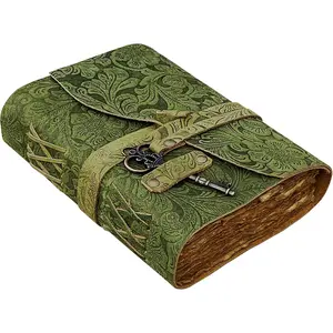 Leather Journal - Antique  Deckle Edge  Paper Leather Bound Journal - Book of adows Journal - Leather Sketchbook - Drawing Journal -   (Green) (7x5)