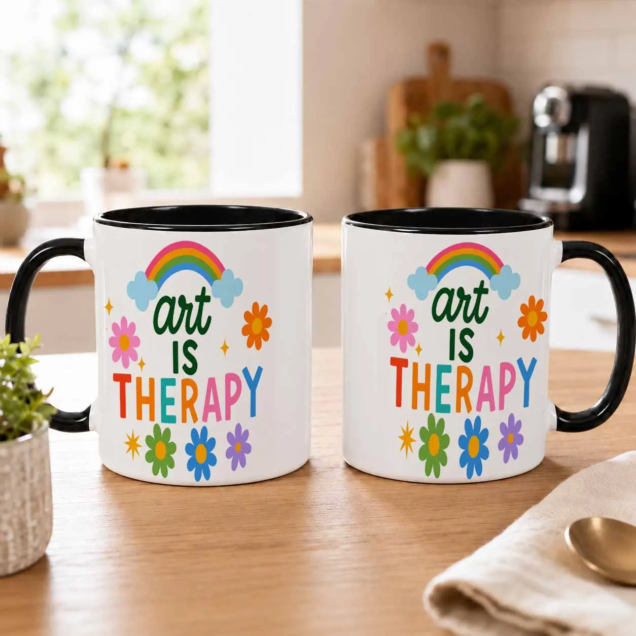 Art Is Therapy Ceramic Mug (11oz-15oz) - Rainbow & Floral Print, Durable Healthy Material Coffee Cup, Inspirational Positive Quote Drinkware, Washable Gift for Artists, Children, Office Use