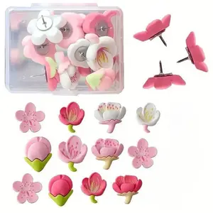 12pcs Cherry Blossom Push Pins, Decorative Softwood Board Photo Wall Stickers, Large Head Pins, Creative Felt Board Message Boards