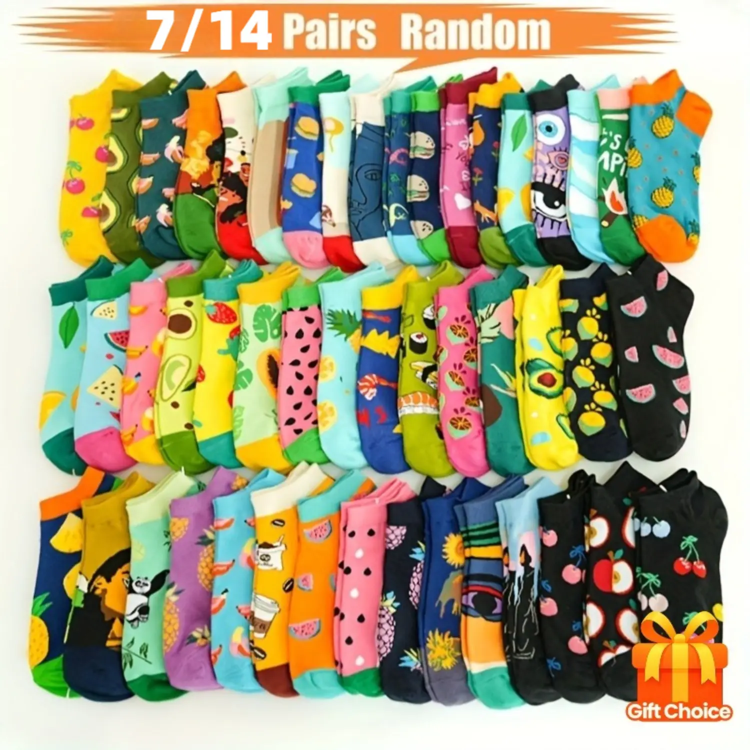 Women's Fruit Print Low-Cut Ankle Socks, 7-Pair Mix - Soft, Breathable, Lightweight Casual Comfy Socks for Daily Wear & Sports, Lightweight Socks