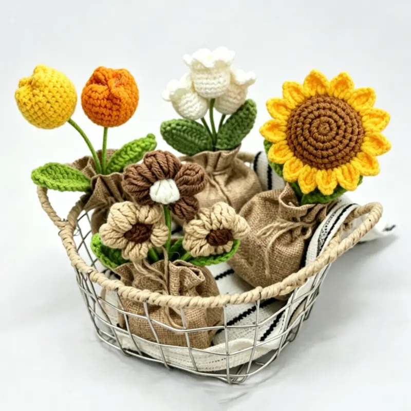 1Pc/1Set  Handmade Crochet Flower,  Cute Desk Decor Ornament, Surprise Gift for Birthday Mother's Day Christmas, 4 Styles Collectible Knit Flower Pot，Handmade Ornament Sunflower,Double Tulip,Lily of the Valley,Brown Daisy,Goodvibes