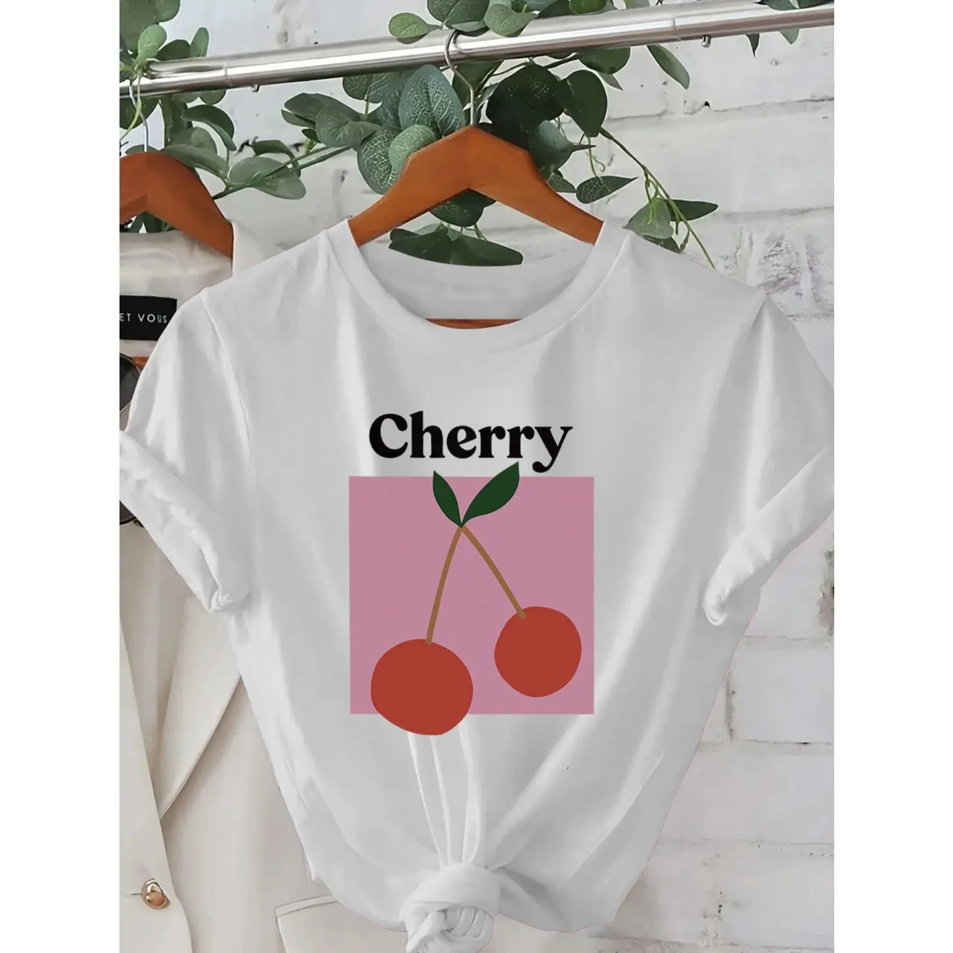 Men's Cherry print top Graphic T-Shirt - Short Sleeve Crew Neck Regular Fit Casual Wear | Soft & Breathable Fabric, Durable Print, Everyday Comfort, Machine Washable, Casual, fresh Hanging display with greenery