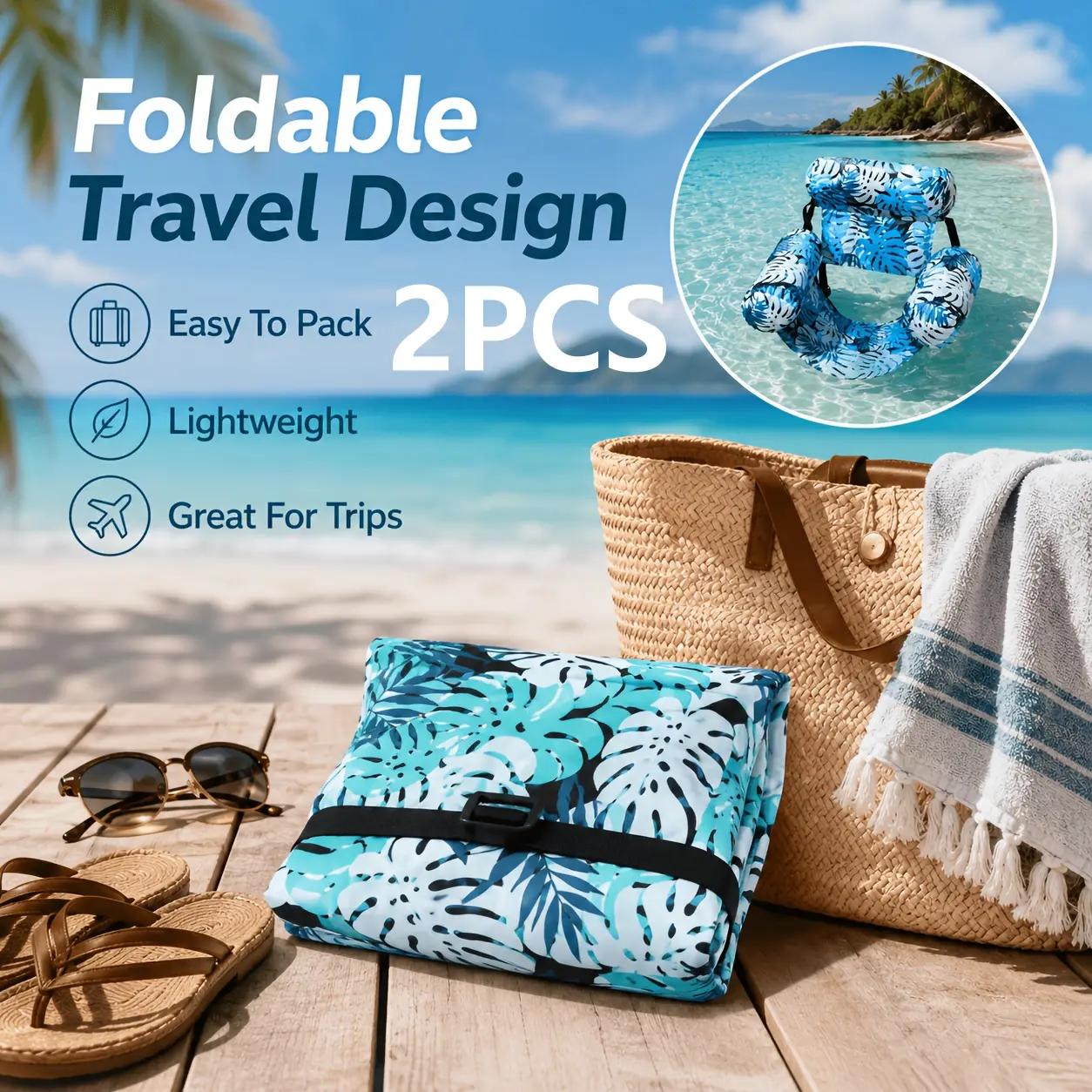 2pcs Adult Inflatable Water Hammock Lounge Chairs, Tropical Leaf Print PVC Floating Seats with Headrest, Back Support, Armrests, Foldable Swimming Pool Floats for Private Spa, Resort Relaxing, Sunbathing