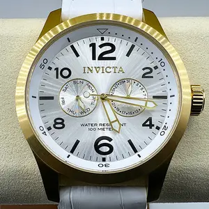Invicta Specialty Mens 48mm Silver Dial Genuine Calf White Leather Watch with Gold Accents Date Display & Water Resistant 100 Meter