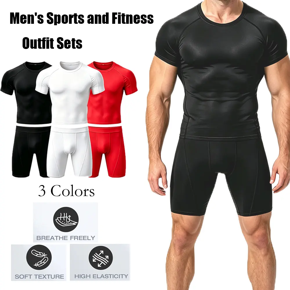 Men's Short Sleeve Compression Top & Shorts 2 Piece Set Quick Dry Athletic Workout Base Layer Gym Running Training Sport Suit