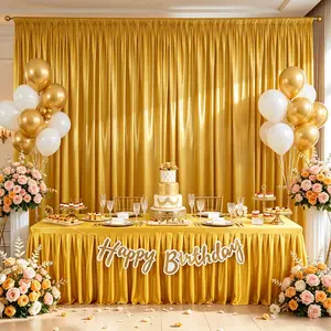 Vintage Gold Party Decoration Set - Dark Gold Backdrop, 4/6/8FT Glitter Spandex Fitted Wrinkle-Free Stretch Tablecloth for Wedding, Birthday Events