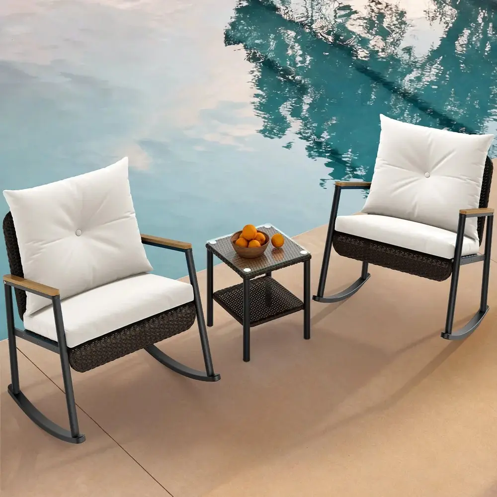 SIKAIC 3-Piece Wicker Outdoor Furniture Set - White Rattan Conversation Set with Cushions, Glass Coffee Table, Rocking Chairs, Integrated Arms & Silent Glide for Balcony, Garden