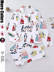 Hamilton Musical Print Women's Pajama Set, Long Sleeve Shirt Collar Button Soft Top & Elastic Pants, Casual Home Wear