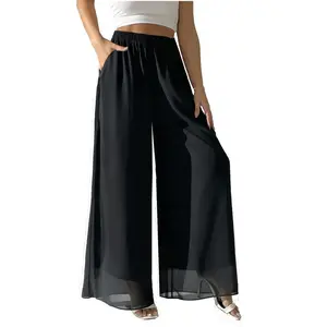Women’s chiffon wide-leg palazzo pants/culottes — high-waisted, casual, flowy summer boho beach vacation outfit for parties, weddings, and nightouts; loose double-layer design; available in plus sizes and petite fits.