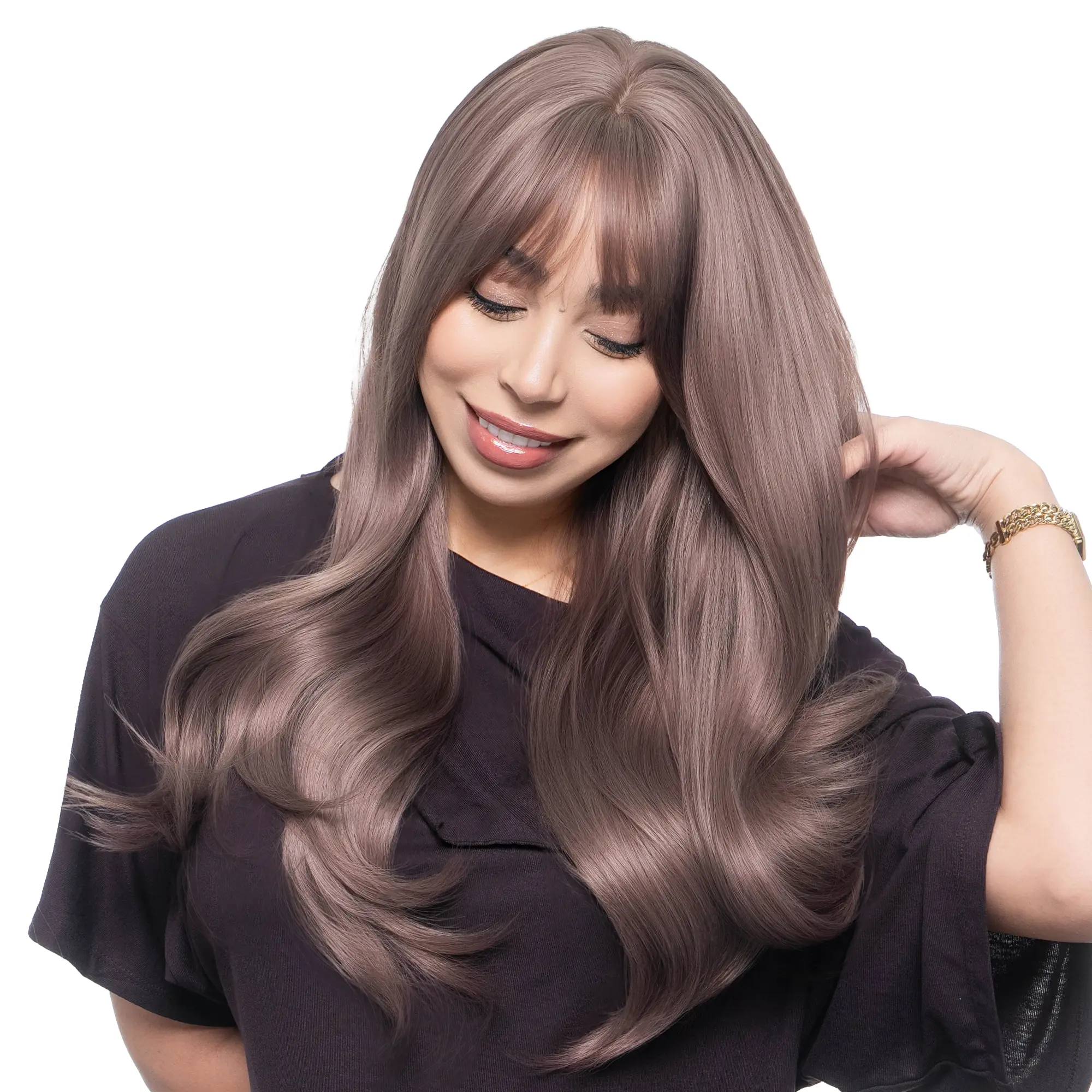 22-Inch Solid Brown-washed Light Bubblegum Purple Subtle Layers Barely Wavy Cut Synthetic Wig | 【Heat Resistant】【Cap Included】 | #35 52FSGB
