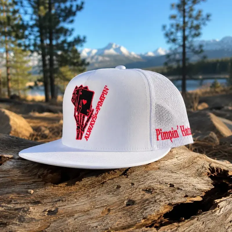 Always Pimpin Skeleton Hand Trucker Hat, Playing Cards Embroidered Snapback Cap, White Mesh Flat Bill Hat, Poker Card Outdoor Baseball Hat for Men & Women