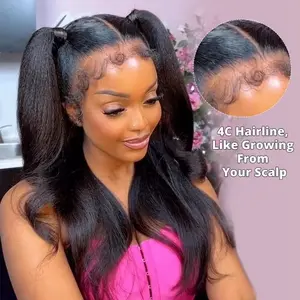 Yaki Kinky Straight Wig With 4C Edges Lace Front Human Hair Wig Brazilian 13x6 HD Lace Frontal Wigs For Women Baby Hair Pre Plucked 180%