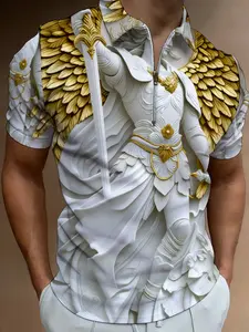 Men's Short Sleeve Polo Shirt Casual Collared with 3D Angel Wing Pattern, Fashion Printed, Summer Trendy Casual Top