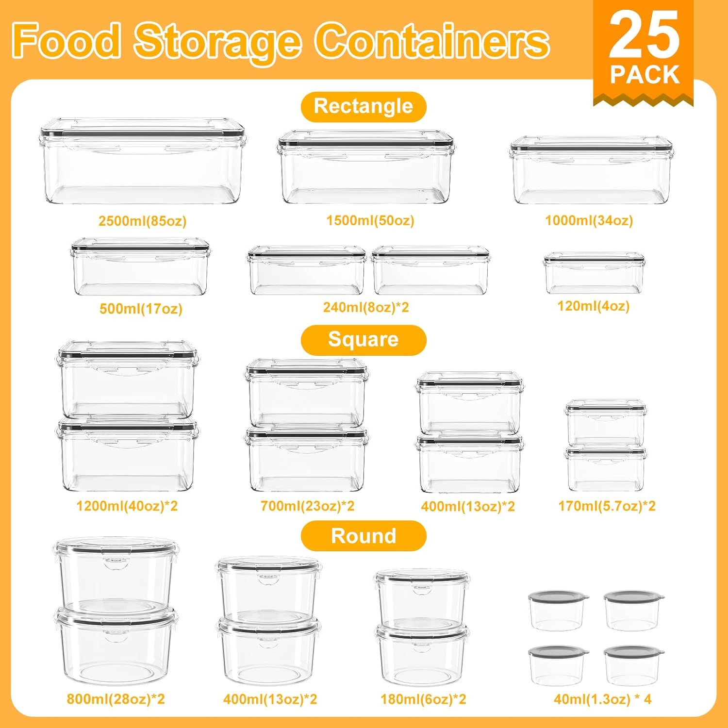 50 PCS Large Airtight Food Storage Containers 25 Containers & Lids Reusable Leak-Proof Stackable BPA-Free Snackbox