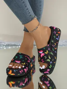 Women's Fashionable Butterfly Pattern Slippers, Casual Comfortable Flat Sandals for Beach, Outdoor, Daily Wear, Beach Shoes Slippers