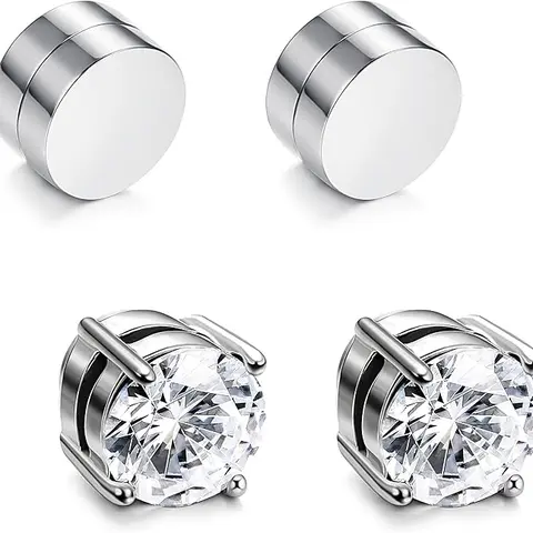 Men's Non-Piercing Stainless Steel Magnet Earrings - Trendy Elegant Cubic Zirconia Studs, Skin-Safe Steel, AAA+ CZ Shine, Hypoallergenic Jewelry for Sports Enthusiasts (Sports & Outdoor Accessories)