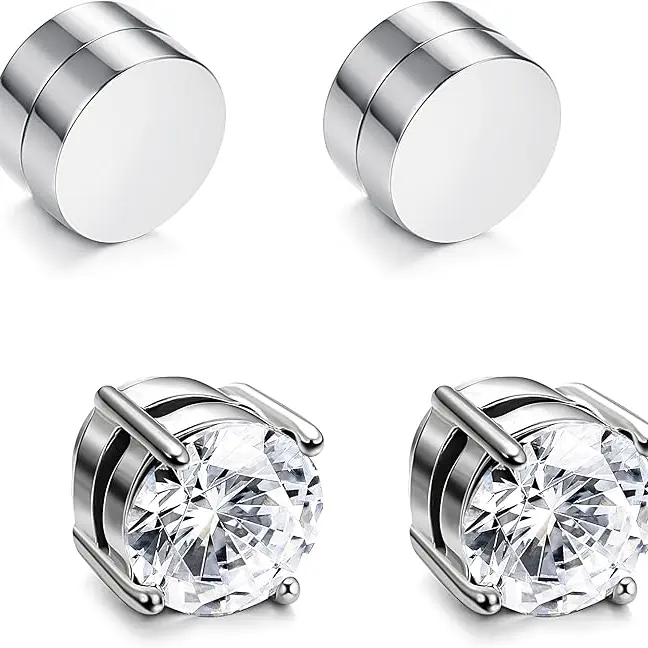 Men's Non-Piercing Stainless Steel Magnet Earrings - Trendy Elegant Cubic Zirconia Studs, Skin-Safe Steel, AAA+ CZ Shine, Hypoallergenic Jewelry for Sports Enthusiasts (Sports & Outdoor Accessories)