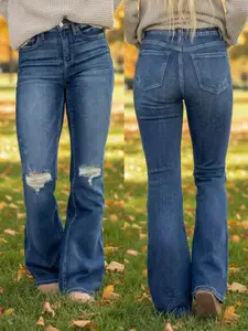 Gilipur Y2K Flare Denim Jeans, Knee Ripped Design, Casual Spring Summer Daily Wear, Slim-Fitting Button Fly Pants, All Season Fashion, Women Womenswear Bottom